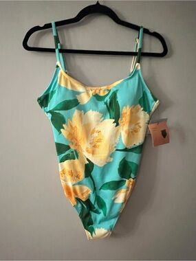 Xhilaration Turquoise, Yellow & Green Floral High-Leg One-Piece